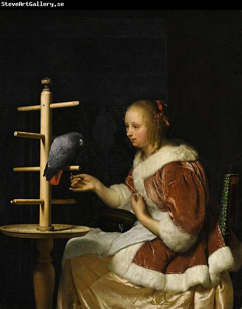 Frans van Mieris A Young Woman in a Red Jacket Feeding a Parrot